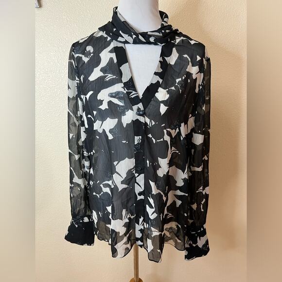 Jason Wu navy blue white floral neck tie sheer flowy button front blouse 14 - Picture 3 of 10